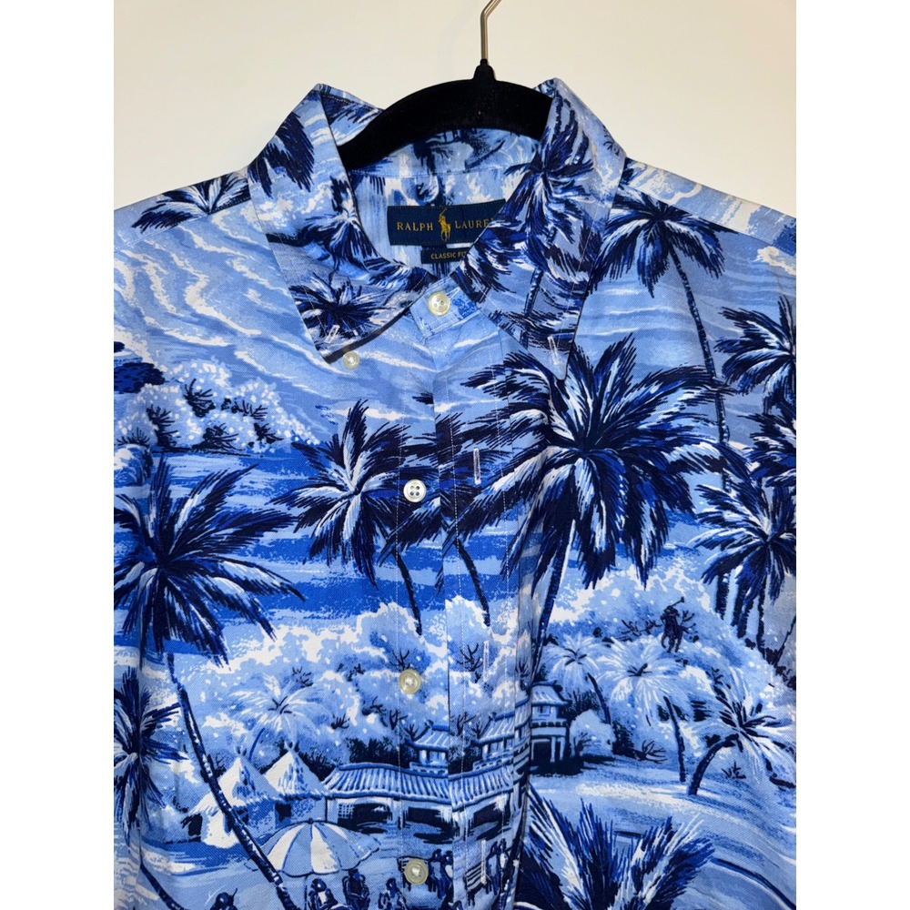 Ralph Lauren Mens Blue White Tropical Island Toile SS Shirt Classic Fit